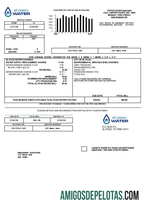 Em branco modelo de conta de serviços públicos de água nos EUA Texas El Paso em formatos Word e PDF